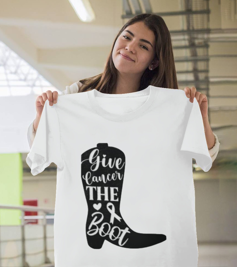 Give Cancer The Boot Awareness Ribbon Western Cowboy Boot T-Shirt