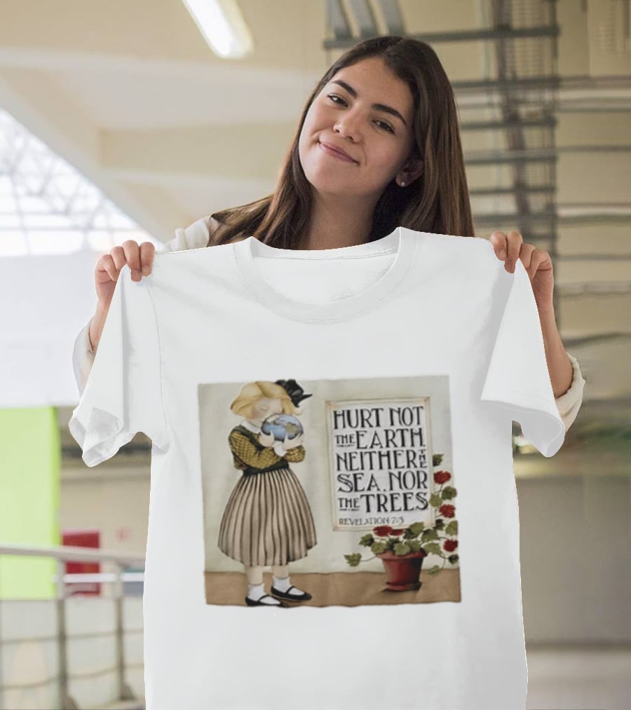 Hurt Not The Earth Revelation 7:3 Vintage Girl Holding Globe Environmental Protection T-Shirt