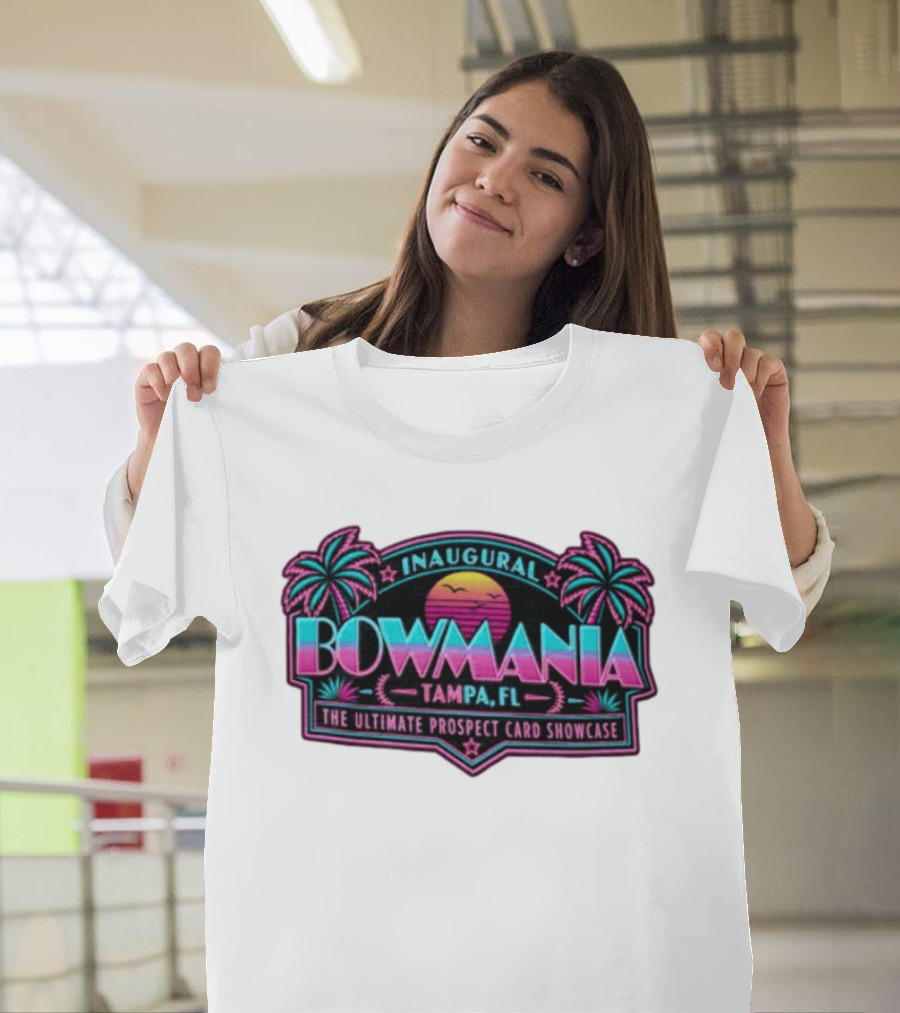 Inaugural Bowmania Tampa FL The Ultimate Prospect Card Showcase Retro Sunset Palm Trees T-Shirt