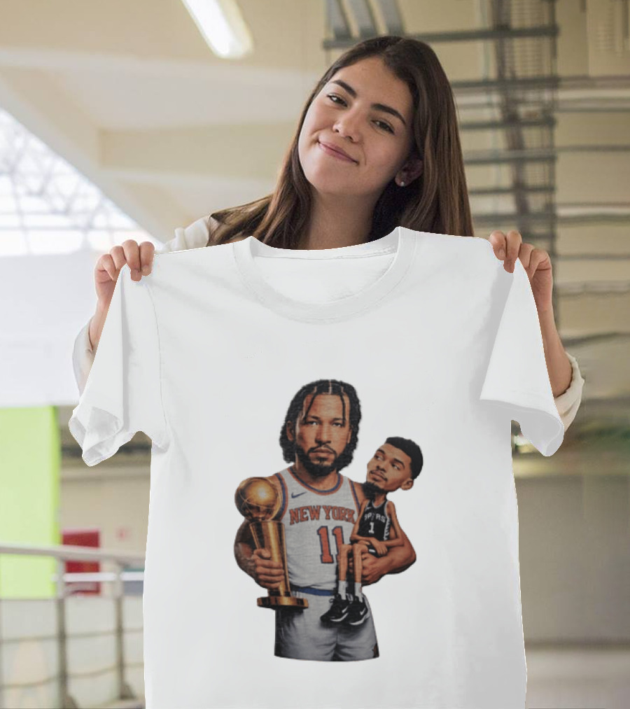 New York Knicks Jalen Brunson Embraces San Antonio Spurs Victor Wembanyama NBA Trophy T-Shirt