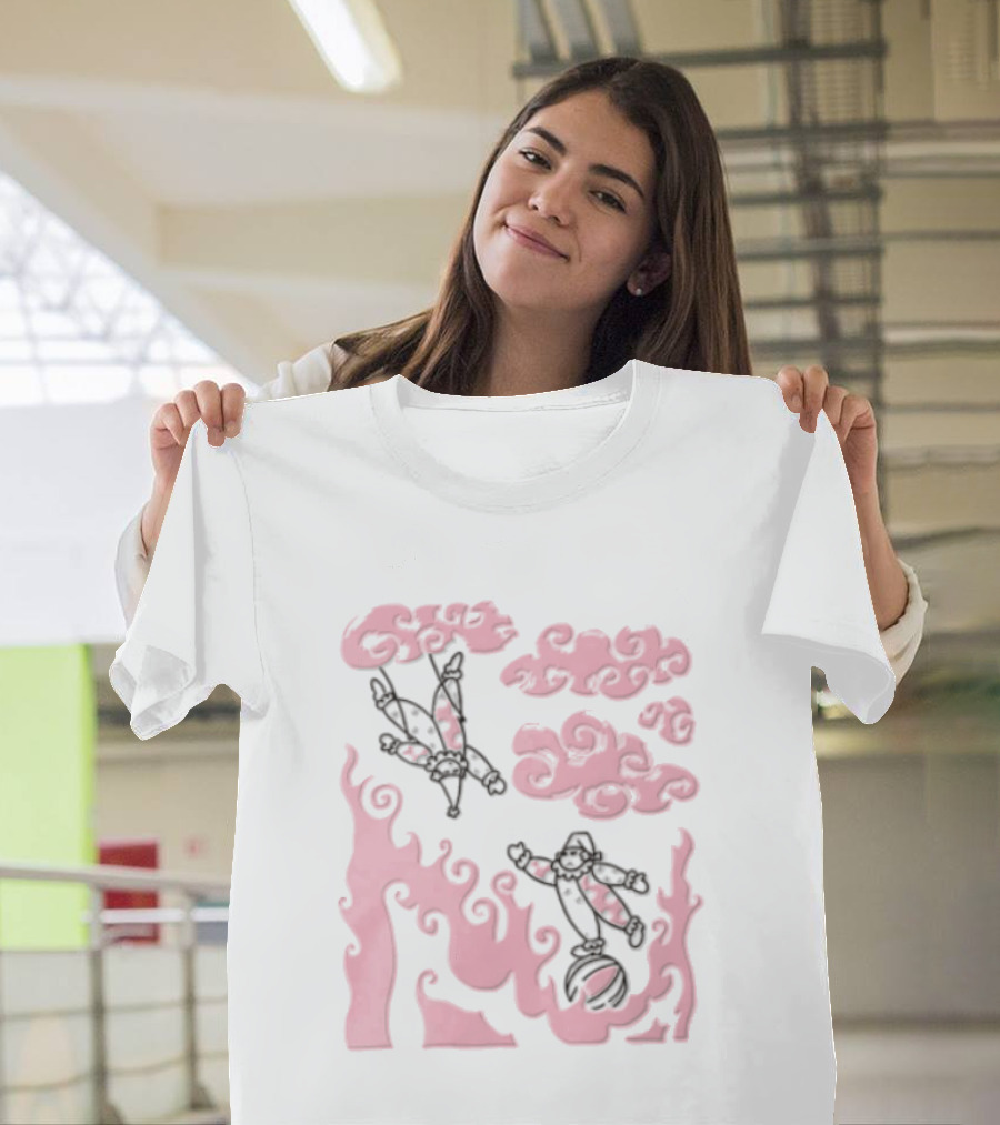 Pink Pastel Cartoon Circus Clowns Trapeze Ball Clouds Flames T-Shirt