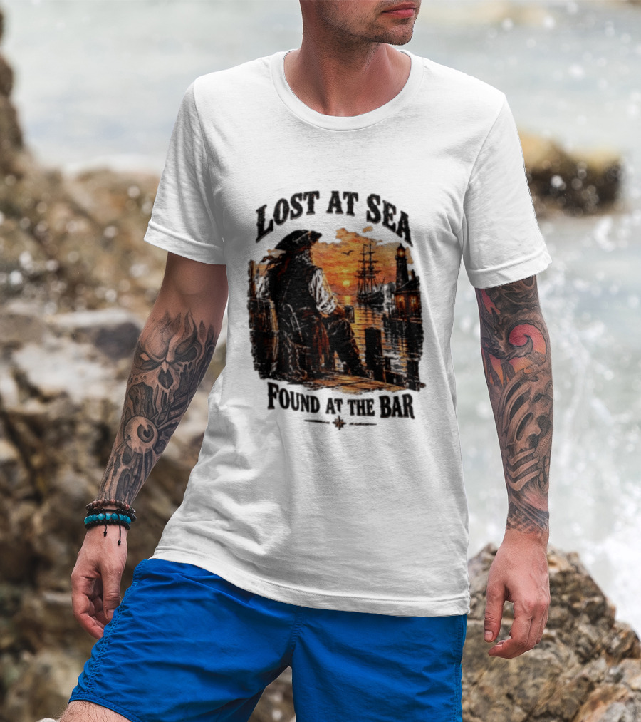 Lost At Sea Found At The Bar Pirate Sunset Tavern Lighthouse Nautical Adventure T-Shirt