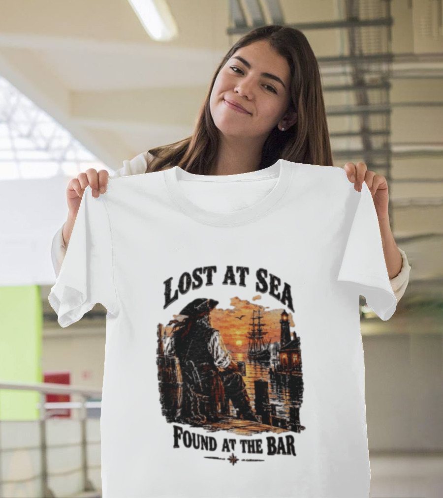 Lost At Sea Found At The Bar Pirate Sunset Tavern Lighthouse Nautical Adventure T-Shirt