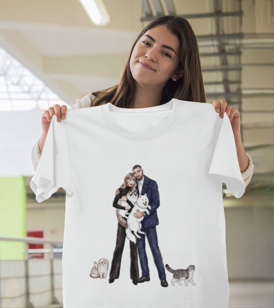 Kansas City Chiefs Couple Taylor Travis Kelce With Cats And Dog T-Shirt