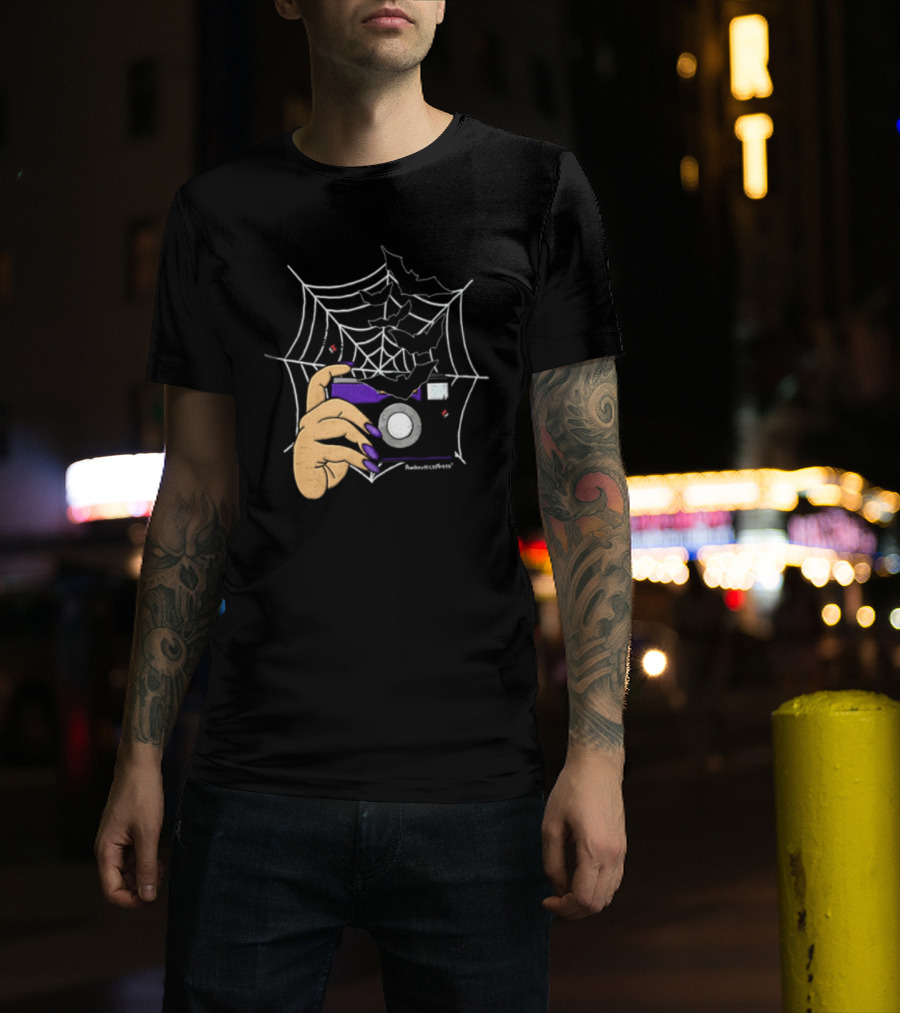 AmberNicoPhoto Camera With Bats And Spider Web Halloween T-Shirt