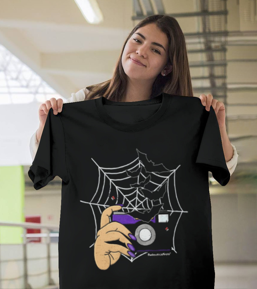 AmberNicoPhoto Camera With Bats And Spider Web Halloween T-Shirt