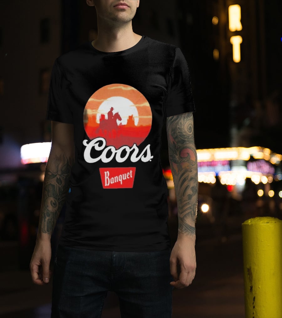 Coors Banquet Cowboy Horseback Riding At Sunset Western Scene T-Shirt