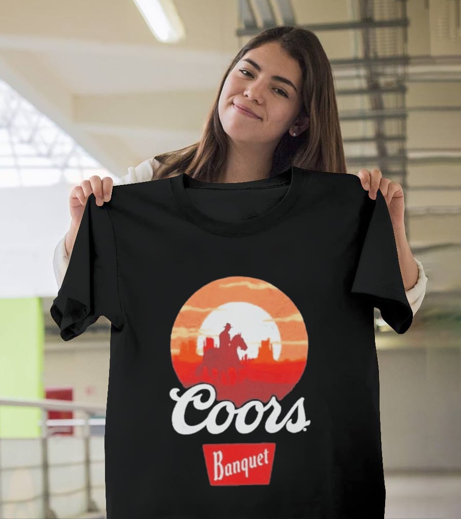 Coors Banquet Cowboy Horseback Riding At Sunset Western Scene T-Shirt