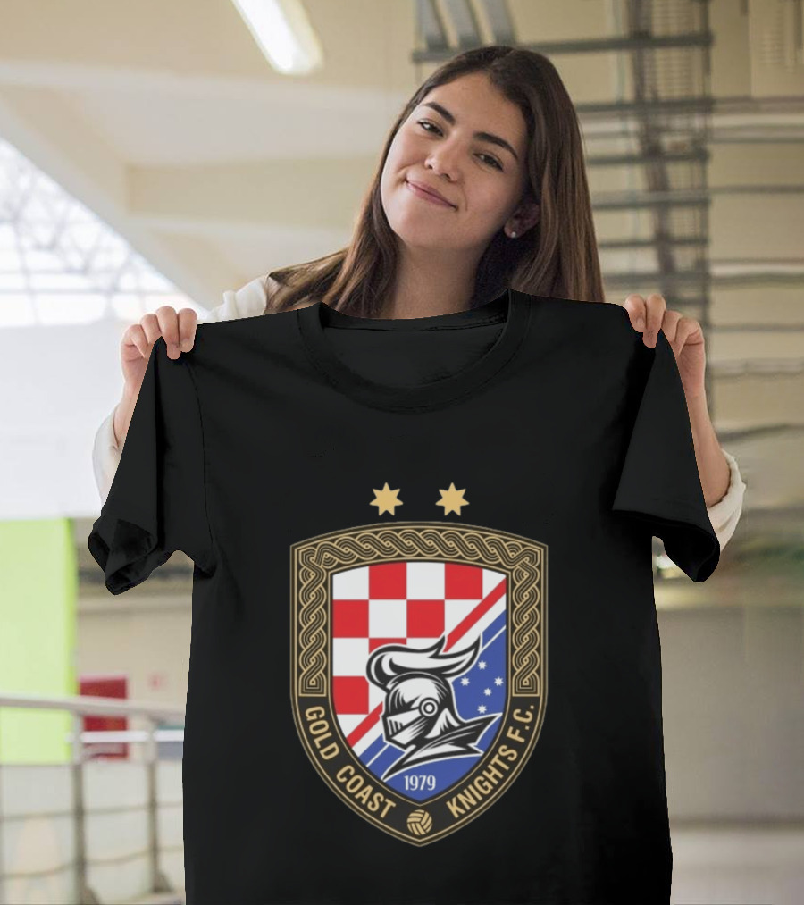 Gold Coast Knights F.C. 1979 Crest With Chessboard Pattern And Knight Helmet T-Shirt