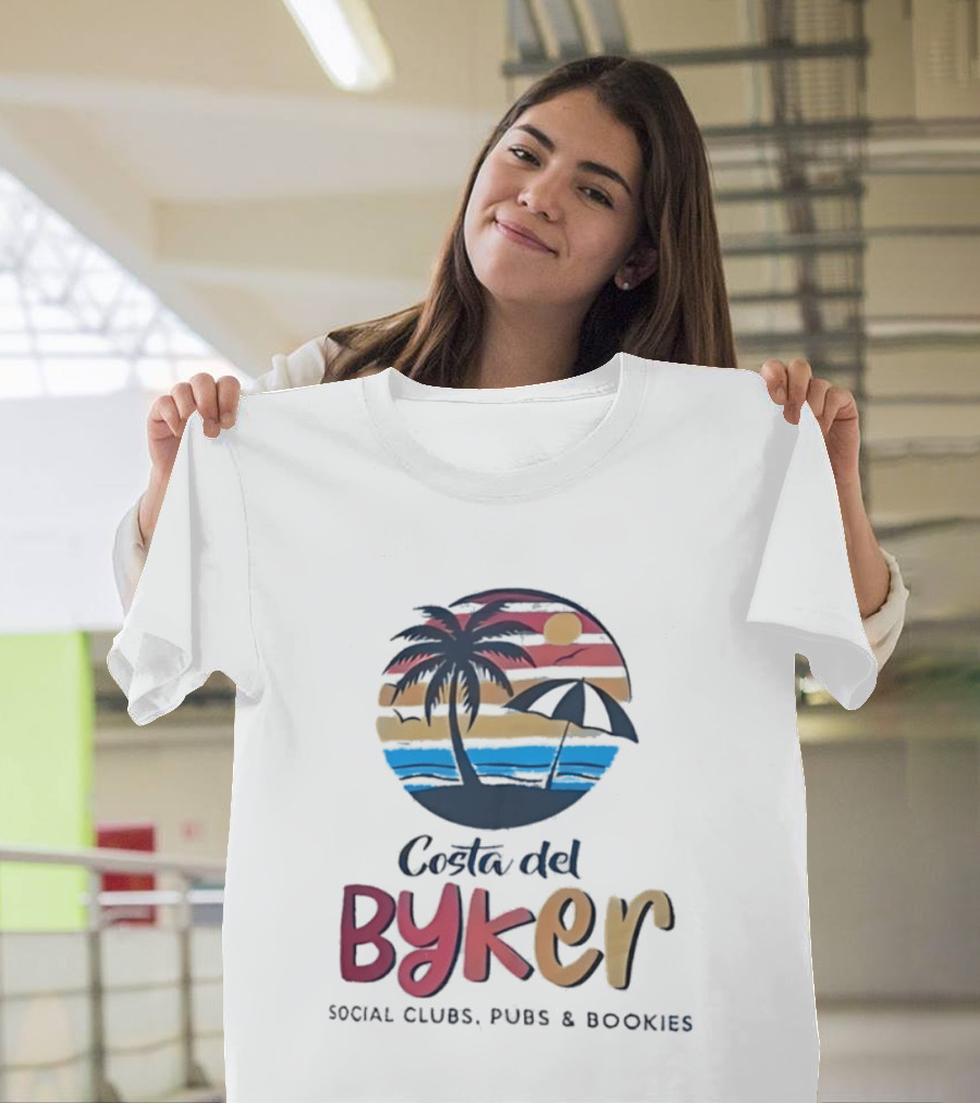 Costa Del Byker Social Clubs Pubs Bookies Palm Tree Sunset Beach Umbrella T-Shirt