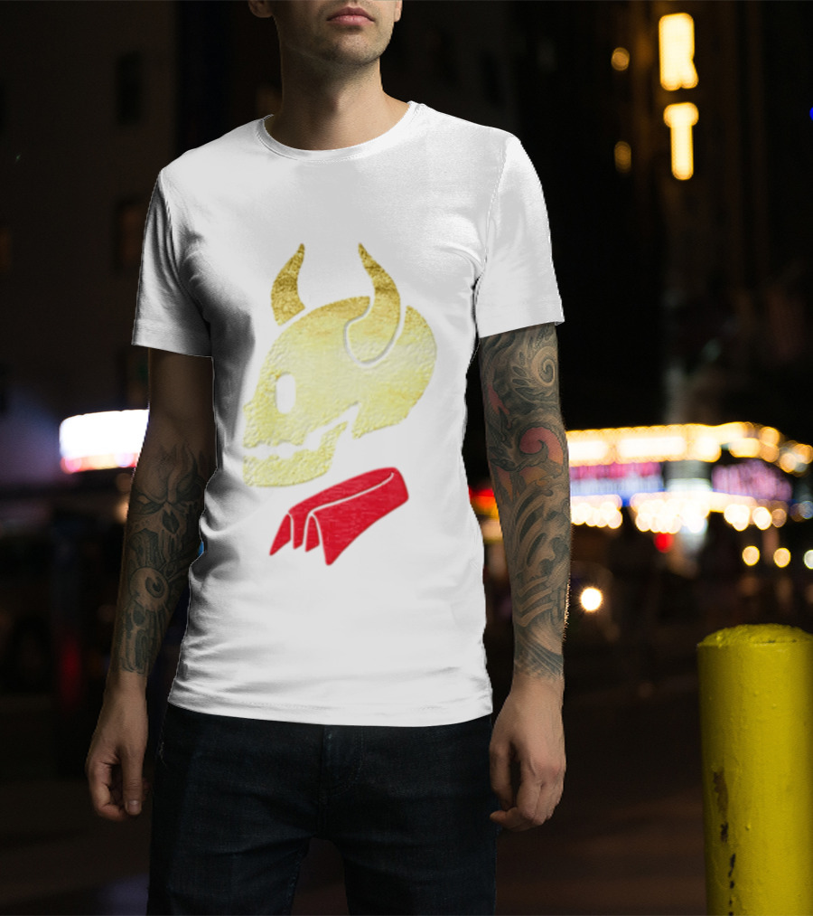 Devil Horn Skull Red Collar Gold Glitter T-Shirt