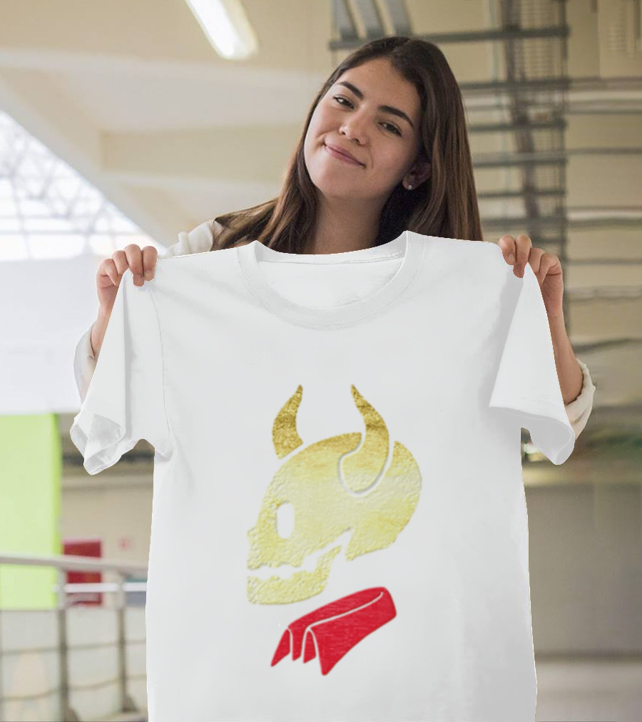 Devil Horn Skull Red Collar Gold Glitter T-Shirt