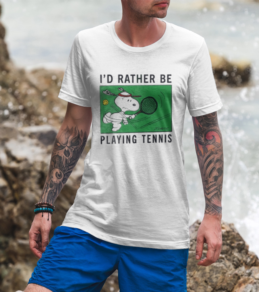 I'd Rather Be Playing Tennis Peanuts Snoopy Racquet Cartoon Green Court Schulz T-Shirt