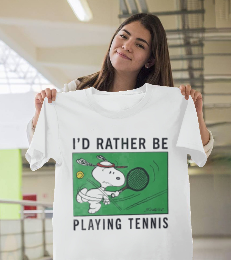 I'd Rather Be Playing Tennis Peanuts Snoopy Racquet Cartoon Green Court Schulz T-Shirt