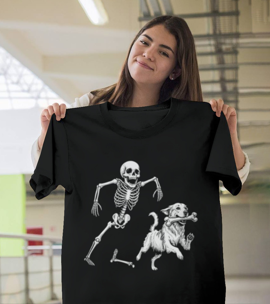 Skeleton Chasing Golden Retriever With Leg Bone T-Shirt