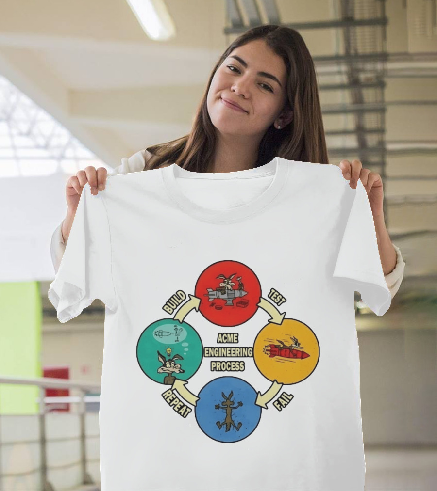 Wile E Coyote Acme Engineering Process Build Test Fail Repeat Cycle T-Shirt
