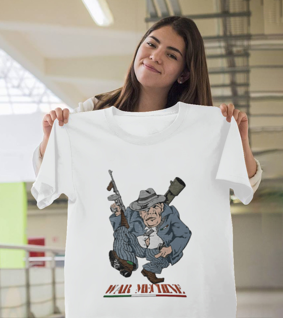 Mafioso Cartoon War Machine Italy Flag Mobster Character With Guns T-Shirt