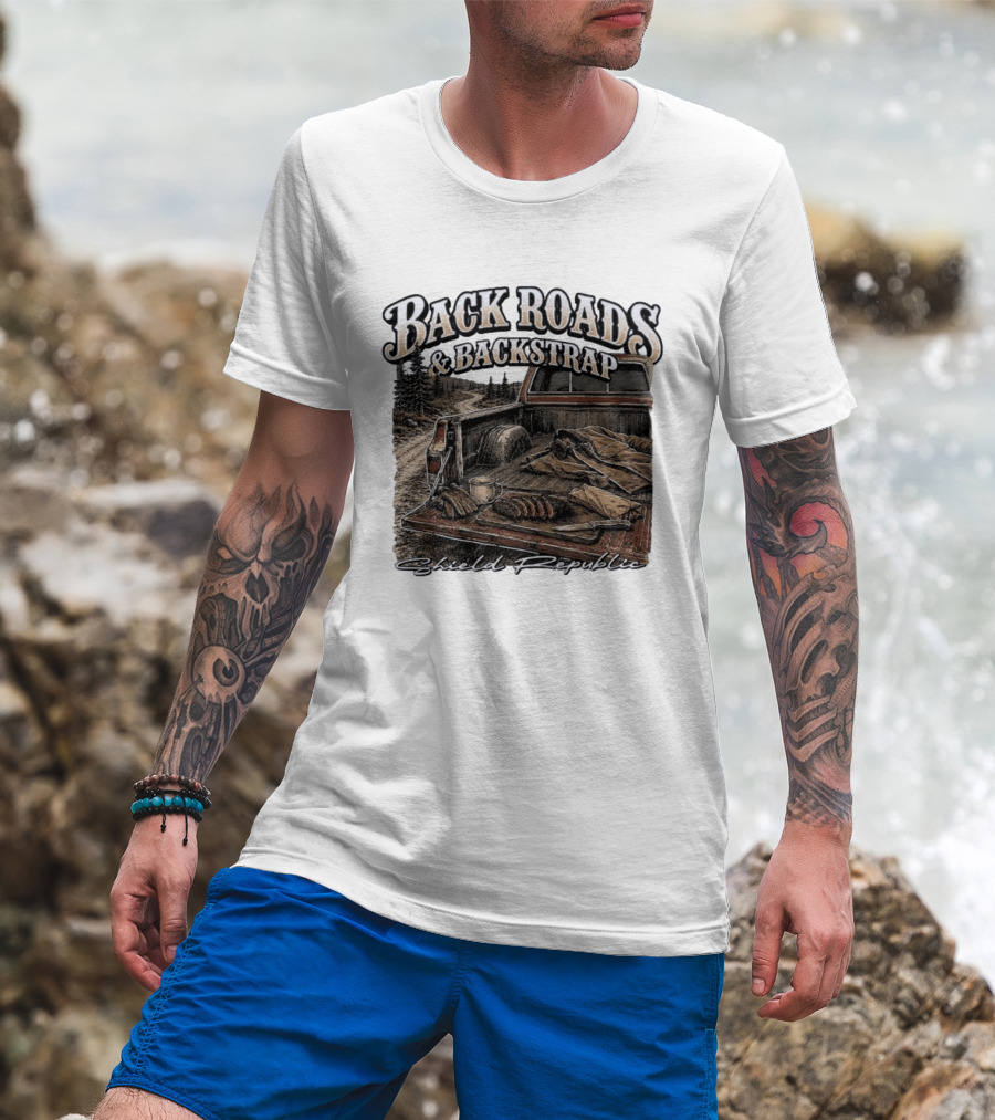 Back Roads & Backstrap Shield Republic Hunting Truck Scene T-Shirt