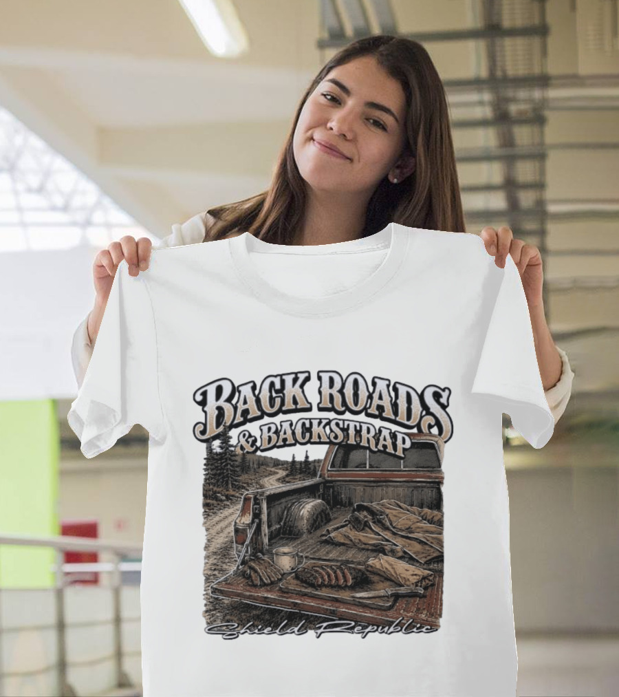 Back Roads & Backstrap Shield Republic Hunting Truck Scene T-Shirt