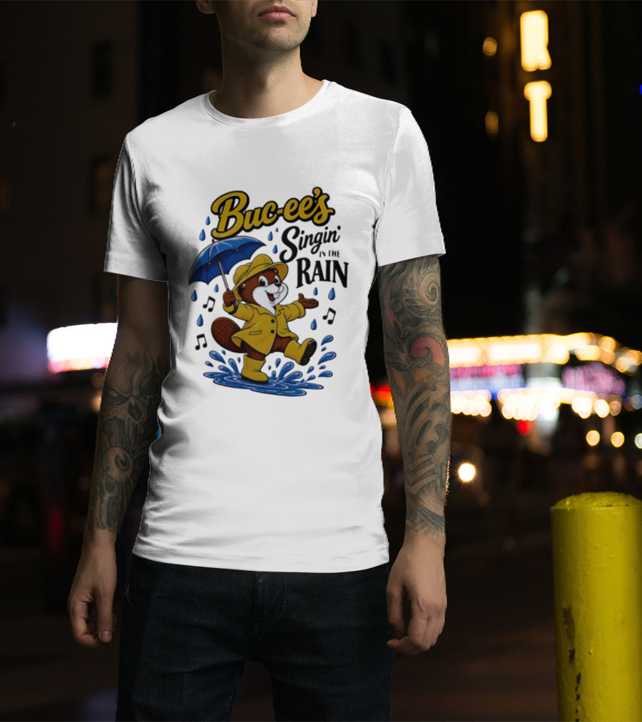 Buc Ee's Singin In The Rain Umbrella Beaver Cheerful Splash T-Shirt