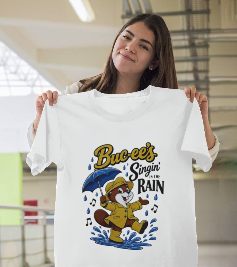 Buc Ee's Singin In The Rain Umbrella Beaver Cheerful Splash T-Shirt