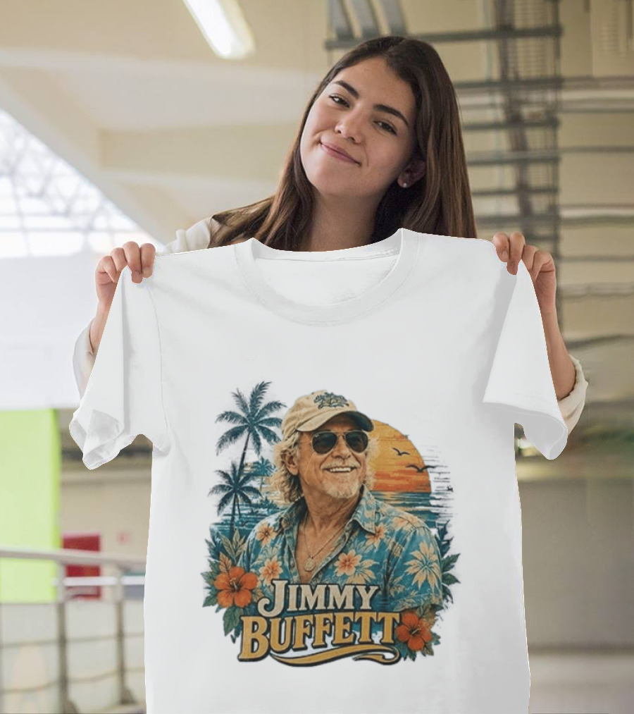 Jimmy Buffett Tropical Vibes Sunset And Palm Trees Floral T-Shirt