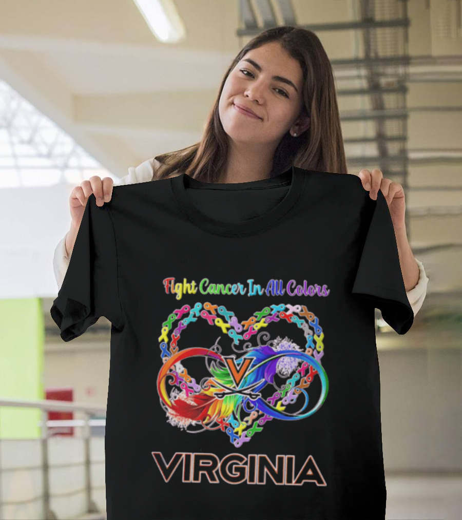 Virginia Cavaliers Fight Cancer In All Colors Ribbon Heart Rainbow Feather Infinity T-Shirt