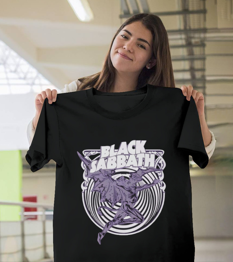 Black Sabbath Flying Devil With Striped Background Iconic Heavy Metal T-Shirt