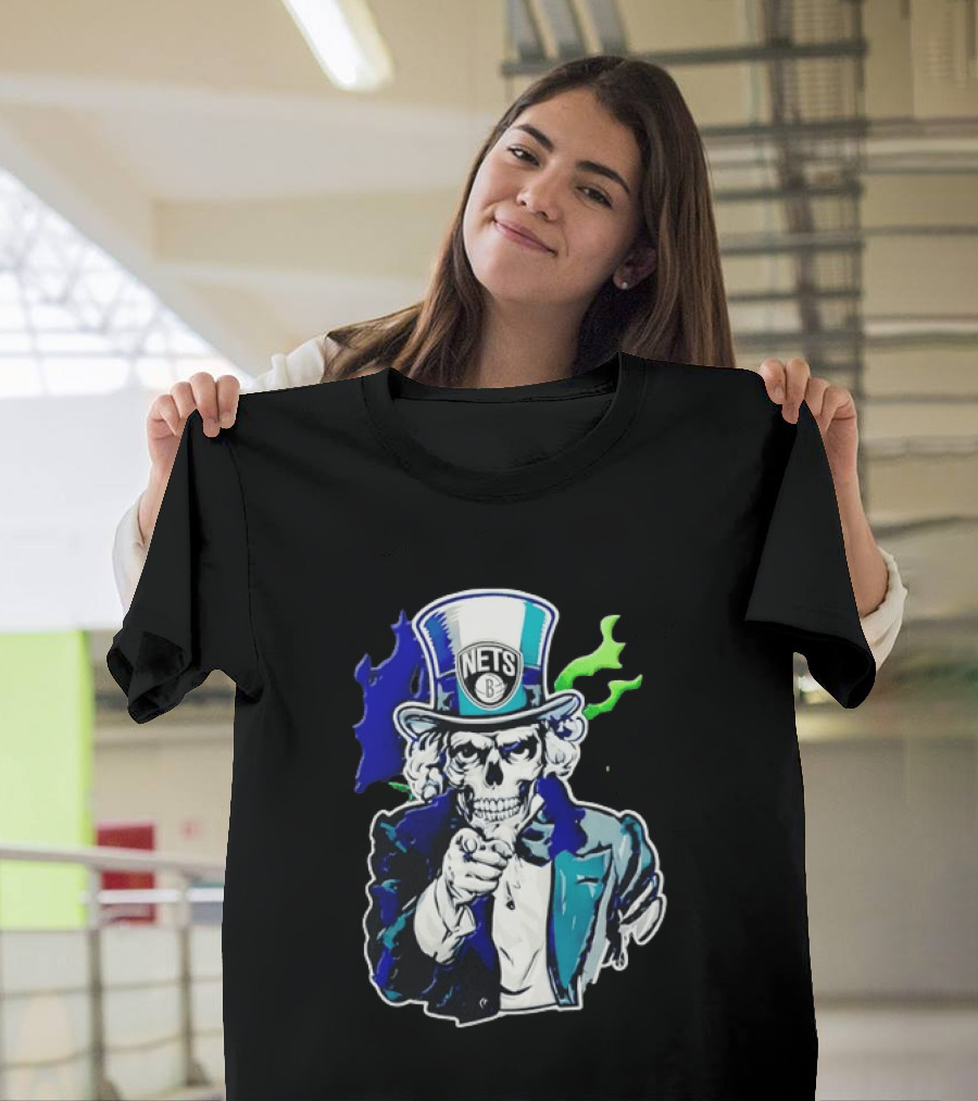 Brooklyn Nets Skeleton Uncle Sam Top Hat Pointing Stripes T-Shirt
