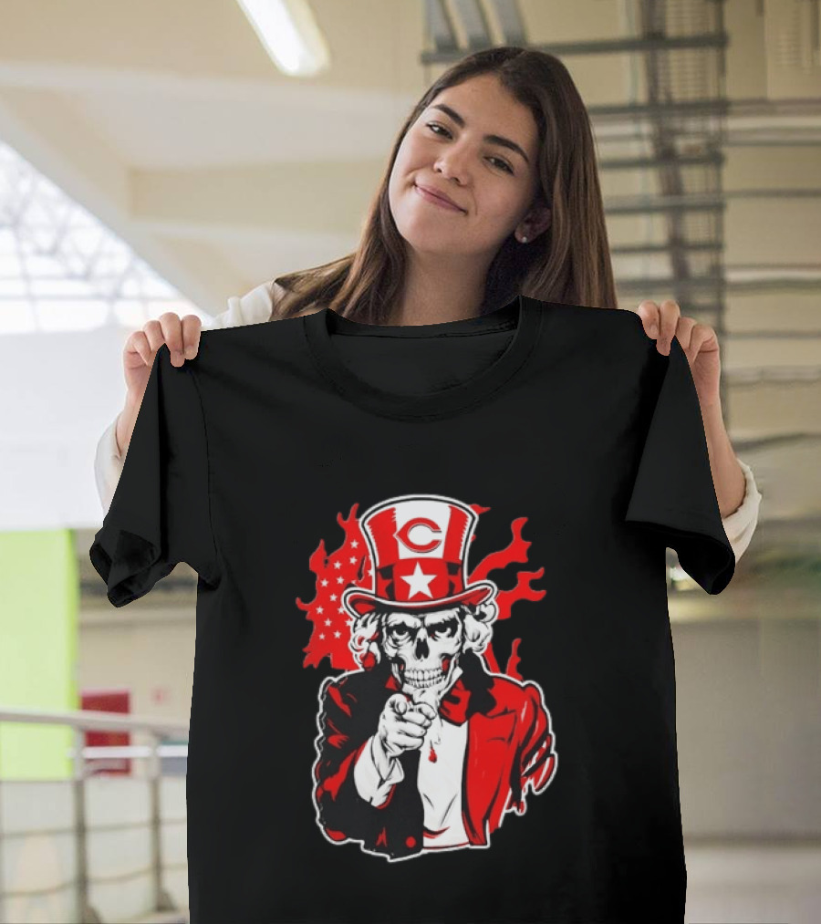 Cincinnati Reds Skeleton Uncle Sam Pointing US Flag Flames T-Shirt