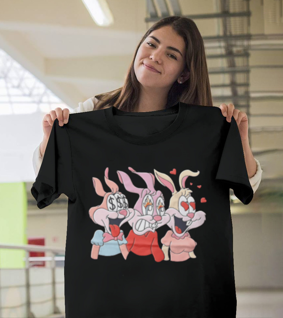 Three Cartoon Female Rabbits Dollar Signs Fire Heart Eyes Expressions T-Shirt