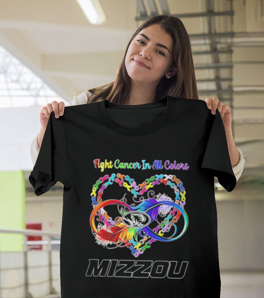 Mizzou Fight Cancer In All Colors Heart Infinity Ribbon Rainbow Feather T-Shirt