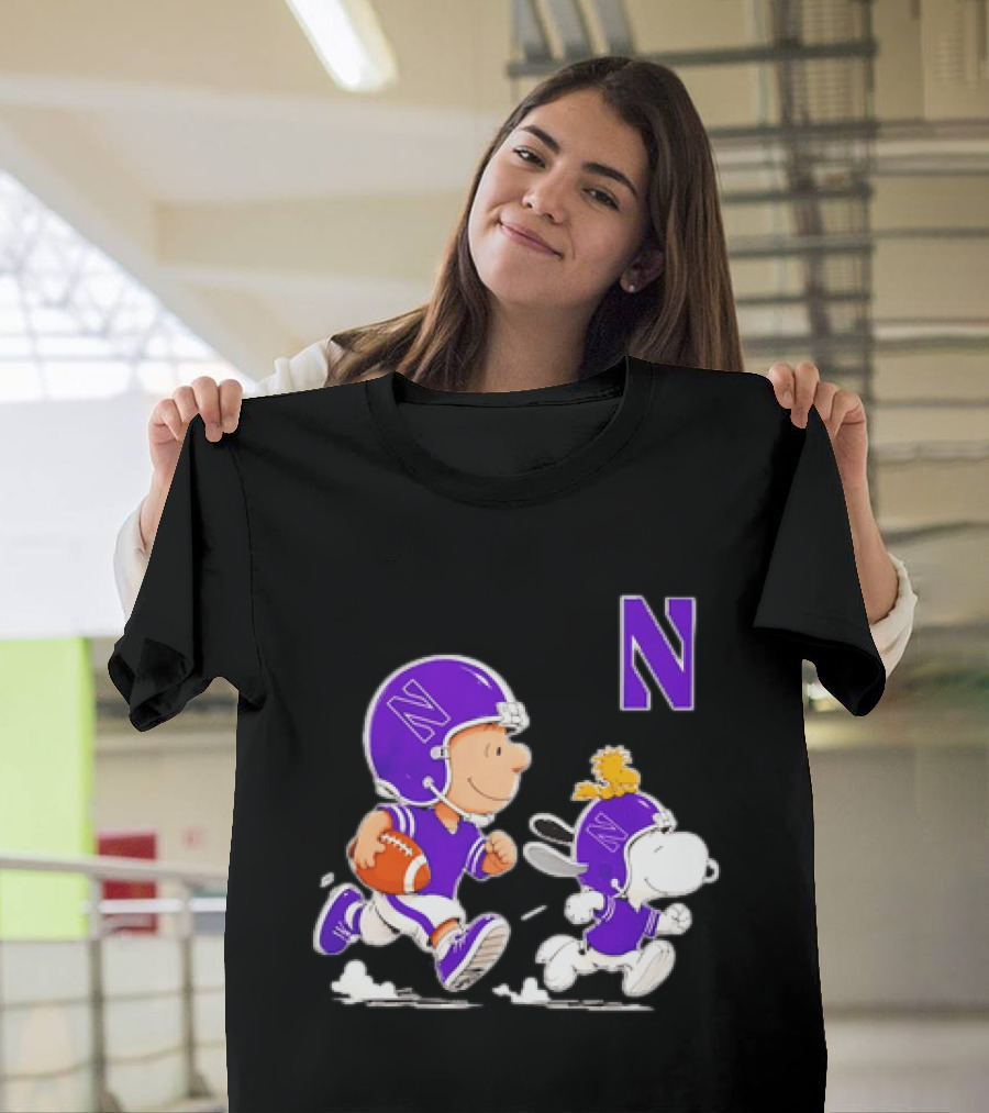 Northwestern Wildcats Charlie Brown Woodstock Snoopy Football Running T-Shirt