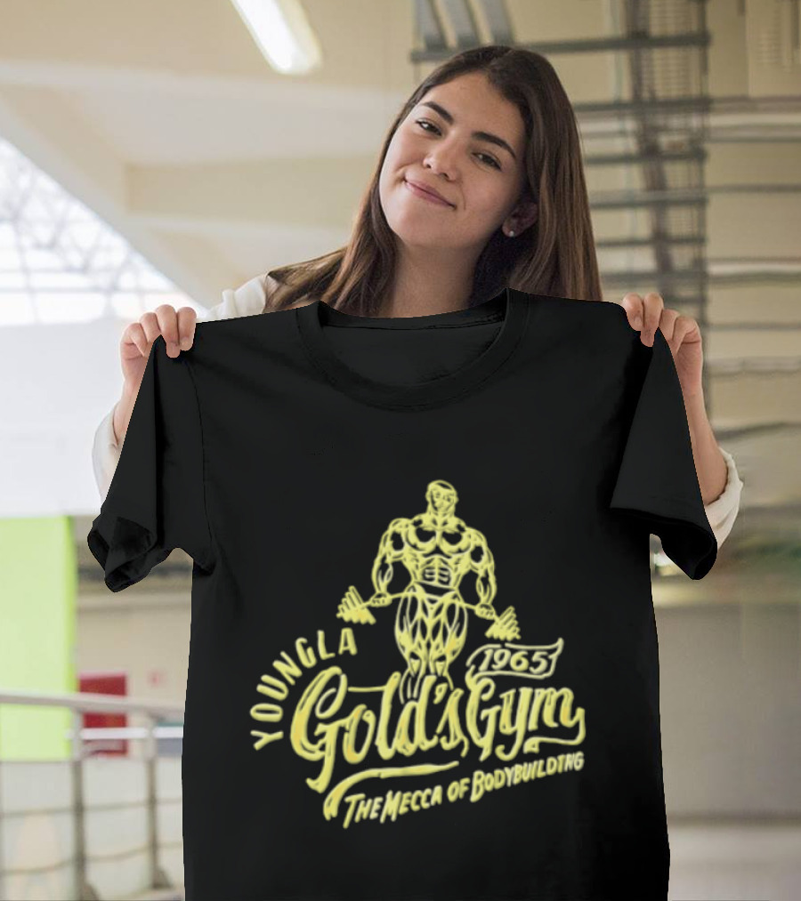 Youngla Golds Gym 1965 The Mecca Of Bodybuilding Muscular Man Holding Barbell T-Shirt