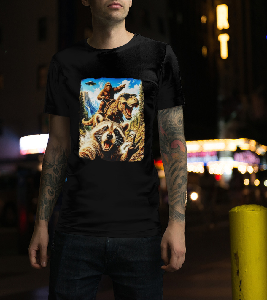 Raccoon Selfie Bigfoot Rex Adventure With UFO And Mountains T-Shirt