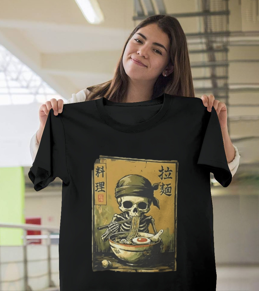 Skeleton Ramen Eating Kanji Cooking Noodles T-Shirt
