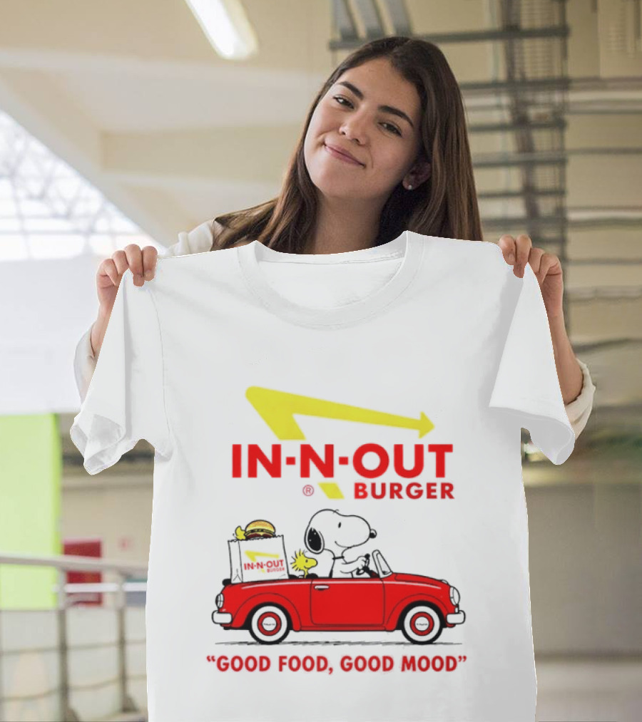 In N Out Burger Snoopy Woodstock Driving Red Convertible Good Food Good Mood T-Shirt
