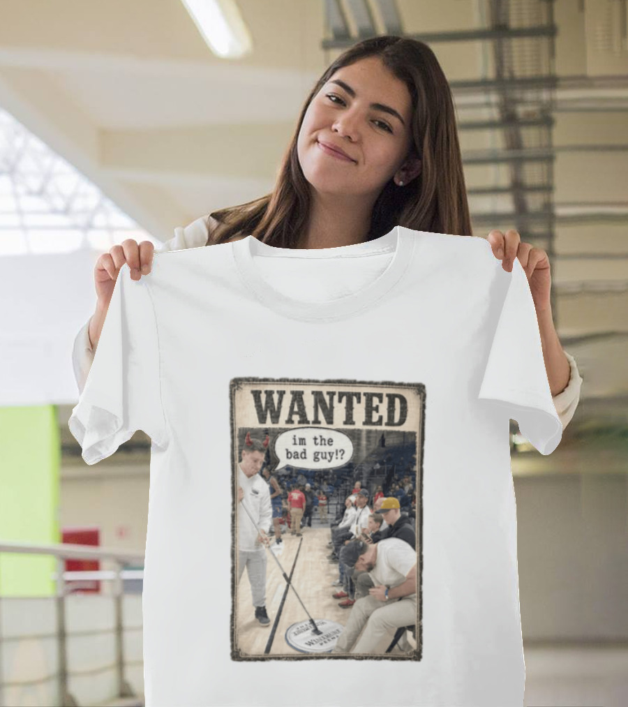 Wanted Im The Bad Guy Wintrust Arena Man Sweeping Floor Devil Horns T-Shirt