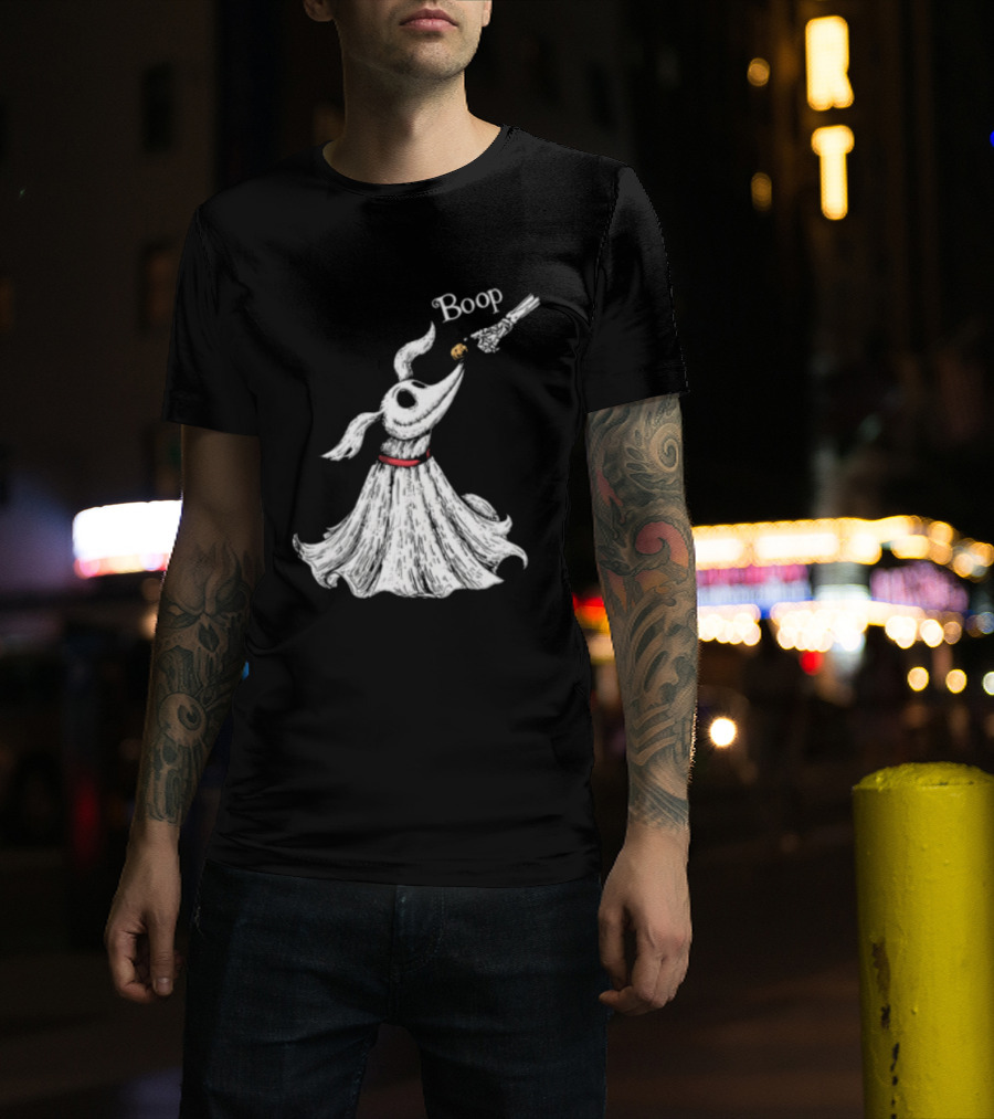 Boop Skeletal Hand Touching Pumpkin Nose With Ghostly Dog Line Sketch T-Shirt