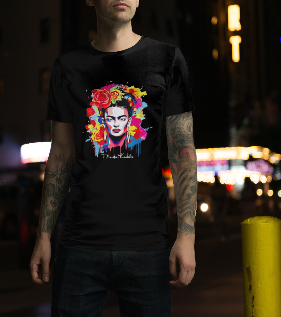 Frida Kahlo Colorful Floral Mexican Artist Vibrant Roses And Dripping Paint T-Shirt