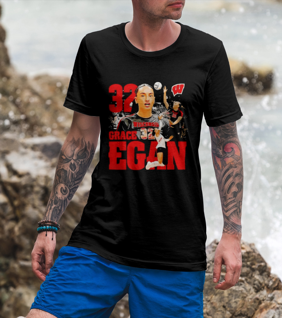 Grace Egan Wisconsin Volleyball 32 NCAA Team Player Action T-Shirt