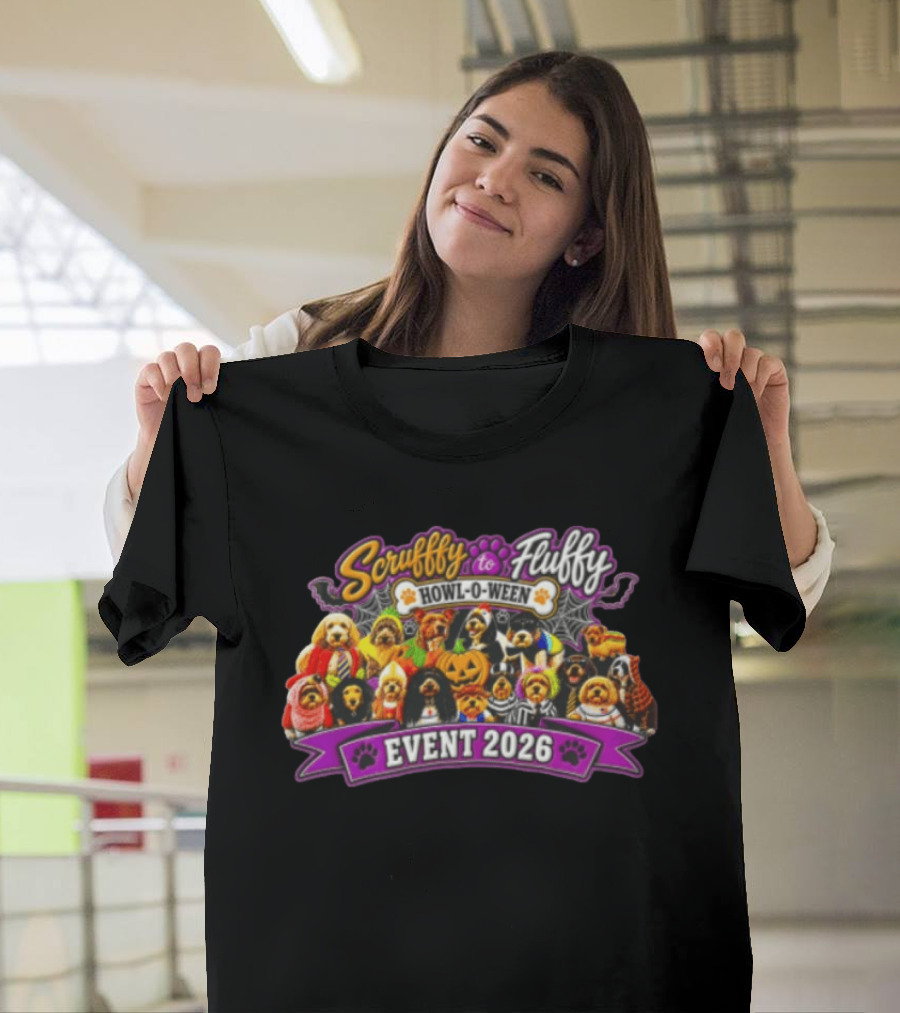 Scruffy To Fluffy Howl O Ween Event 2026 Many Dogs Wearing Halloween Costumes T-Shirt