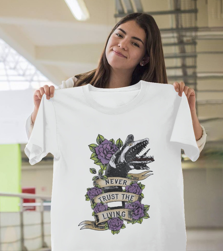Beetlejuice Never Trust The Living Floral Banner With Sandworm And Purple Roses T-Shirt