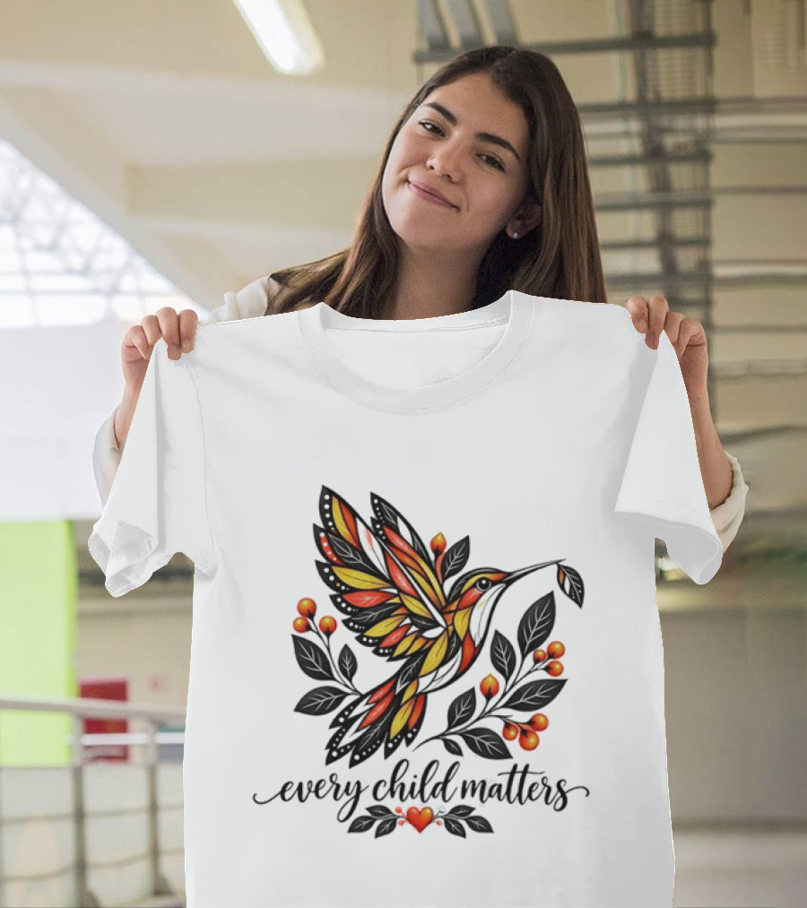 Every Child Matters Hummingbird Orange Awareness Floral Heart T-Shirt