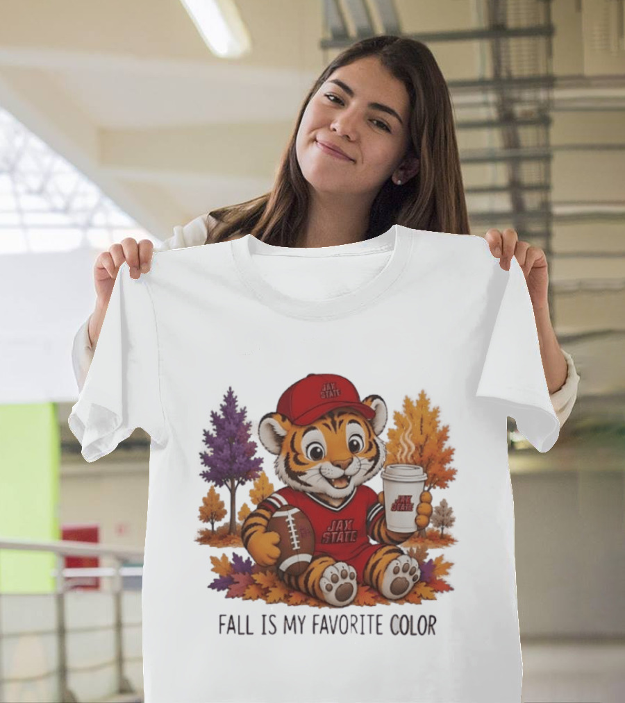 Jax State Tiger Fall Is My Favorite Color Cute Cartoon Tiger Football Autumn Leaves T-Shirt