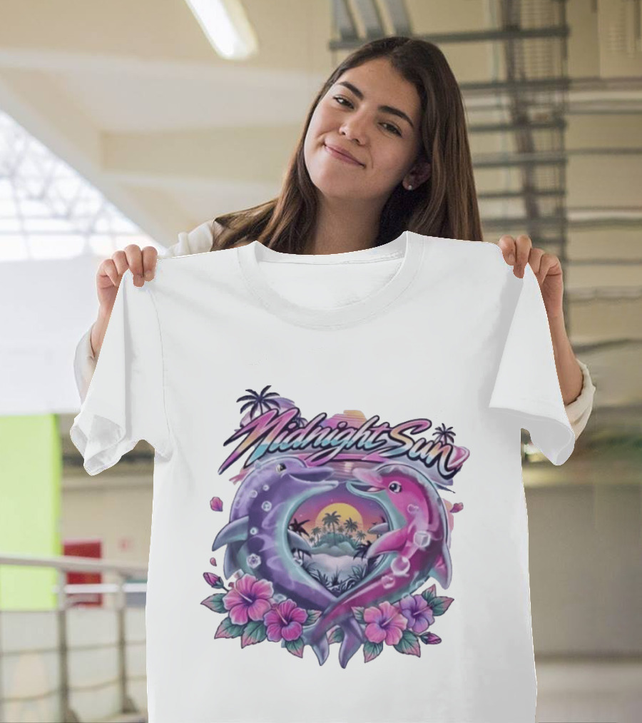 Midnight Sun Heart Dolphins Tropical Sunset T-Shirt