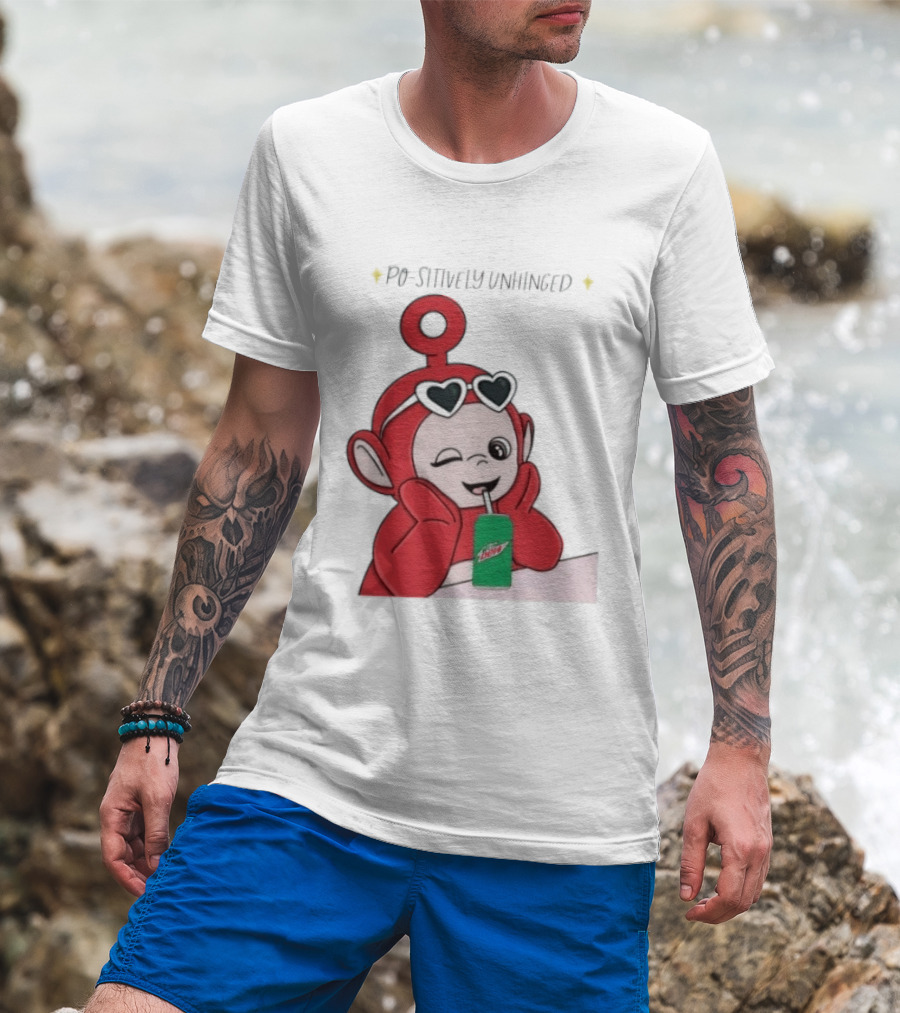 Po Sitively Unhinged Funny Red Teletubby Heart Sunglasses Drinking Mtn Dew T-Shirt
