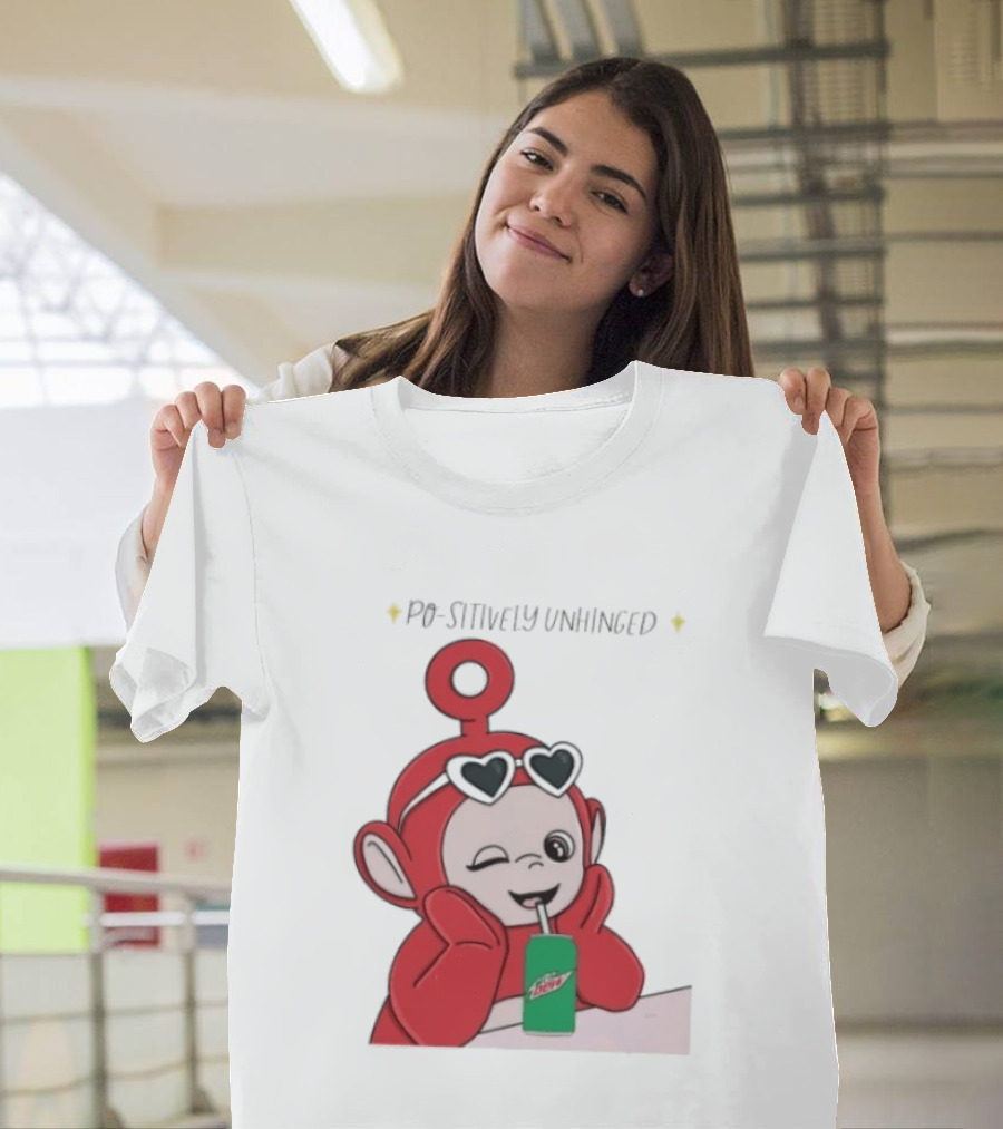 Po Sitively Unhinged Funny Red Teletubby Heart Sunglasses Drinking Mtn Dew T-Shirt