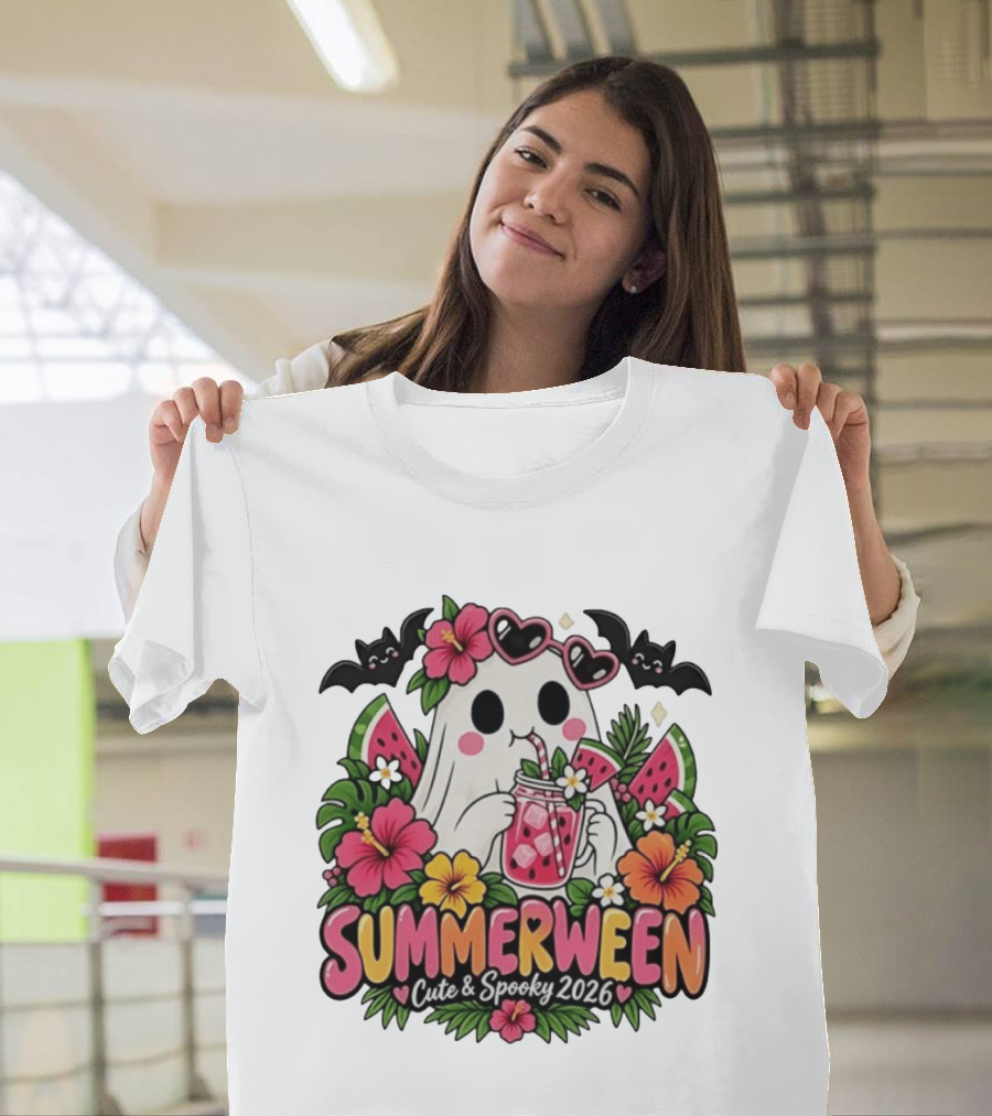 Summerween Cute And Spooky 2026 Ghost With Tropical Flowers And Bats T-Shirt