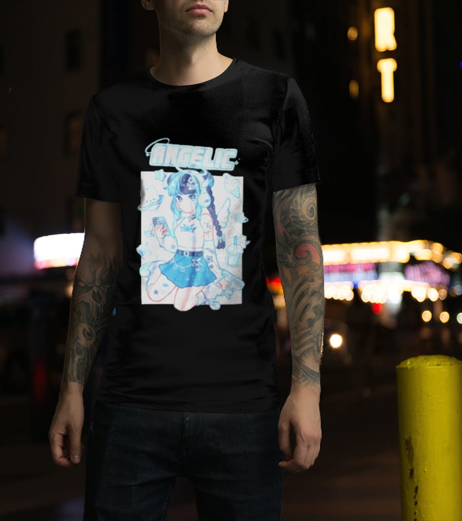 Angelic Anime Girl Halo Wings Headphones Cute Aesthetic Kawaii T-Shirt